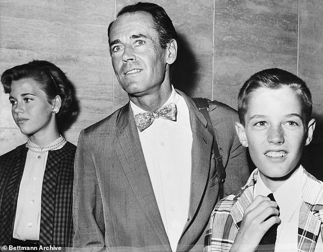 Jane Fonda is pictured at the age of 17 in Rome with her movie star father Henry Fonda and her brother Peter Fonda, who also entered the acting profession