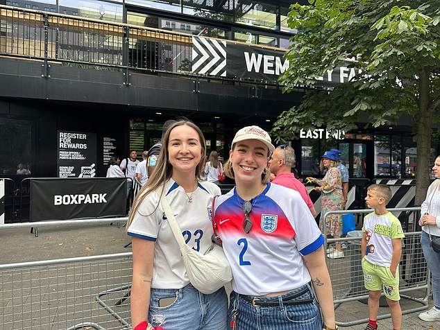 Katie Fuller & Charlotte Brown are pictured (Both 25). Katie said: 'We're huge football fans, were so excited. I haven't got any predictions, I don't want to put any energy into it. I don't want it to go wrong'