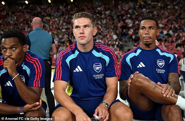 Arsenal’s £64million new boy Viktor Gyokeres was unveiled on the pitch before kick-off and took his place on the Gunners bench for the match