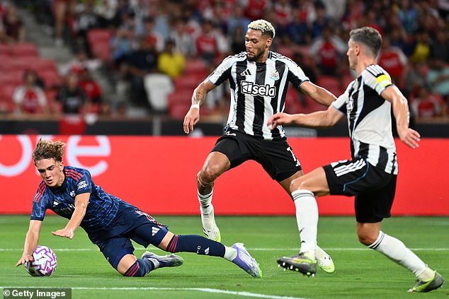 He was denied his first Arsenal goal by two fine saves but was brought down be Joelinton for a late penalty