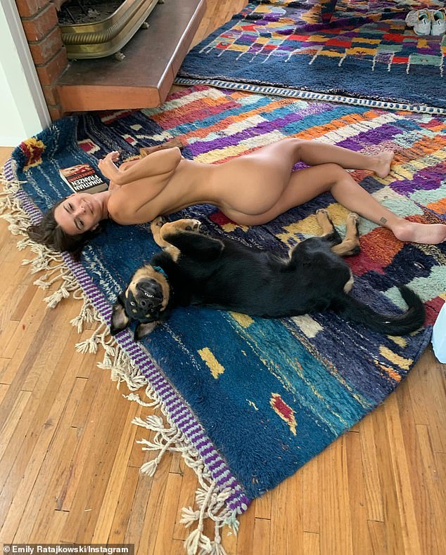 The American actress has been giving her 29million followers a very rude awakening as she previously posed completely mude while laying across a rug alongside her dog Columbo