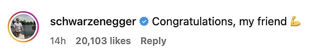 Celebs including Terry Crews and Arnold Schwarzenegger commented on the video, celebrating his win