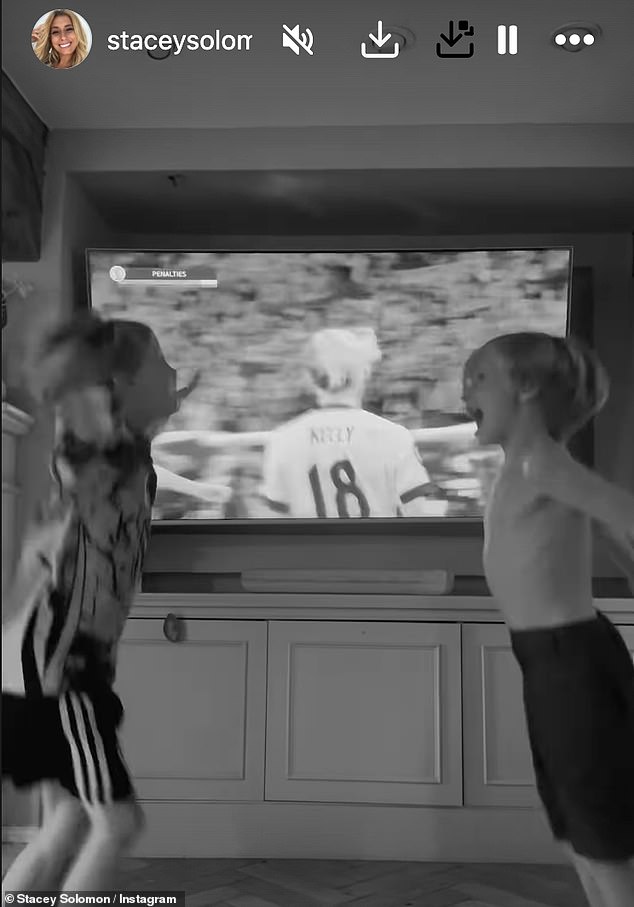 Stacey Solomon tuned into the game from Pickle Cottage and videoed her children dancing around the room when England were crowned champions