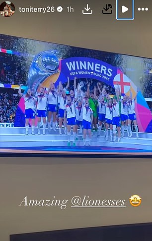 Toni Terry, who is married to former England captain John Terry, called the team 'amazing' as she shared her own congratulations