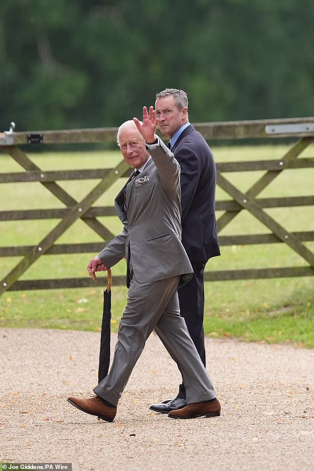 The monarch attended the service without Queen Camilla, who was seen yesterday attending the annual King George Racing Weekend in Ascot without the King