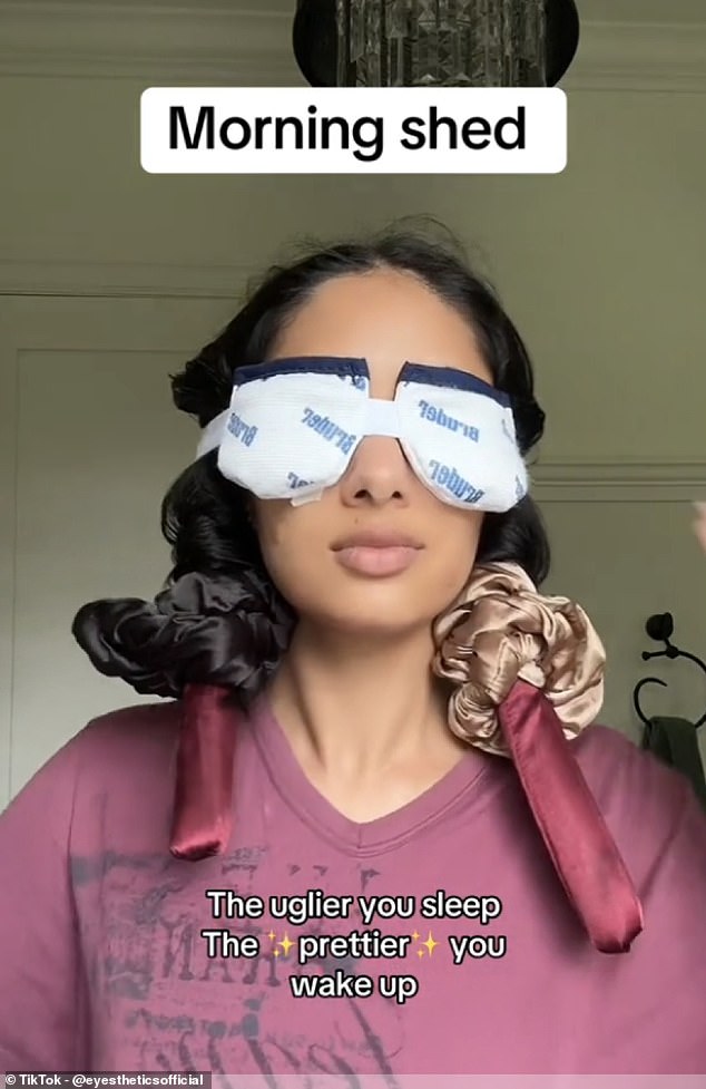 One user, pictured, even peeled off a layer of tape over the top of her eyelids which were also covered by an uncomfortable looking compress