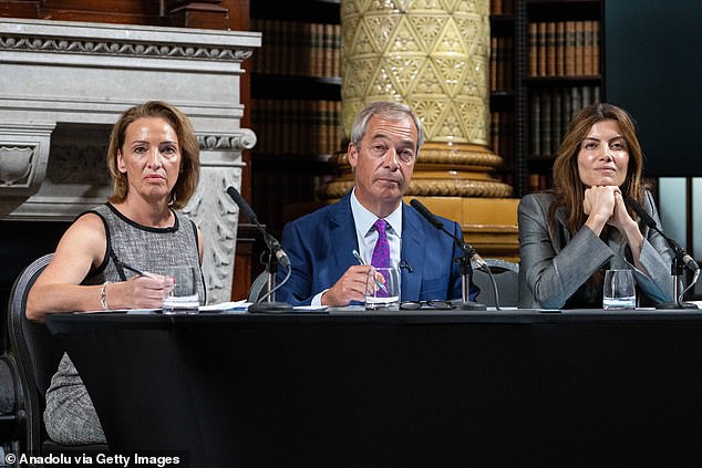 Reform UK leader Mr Farage launching his party's campaign against lawless Britain in Westminster last week with Sarah Pochin MP and councillor Laila Cunningham