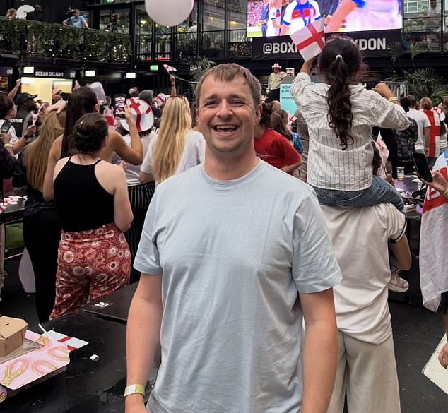 Alex Evans, pictured, from Livingston, Scotland, lives near Croydon and was supporting the Lionesses this evening
