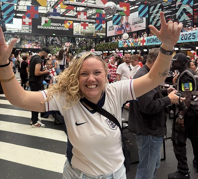 Izzy Herson, pictured, travelled to Croydon from Brighton to watch it on the big screen with other fans. And she'll go home £280 to the good after betting on England to win on penalties