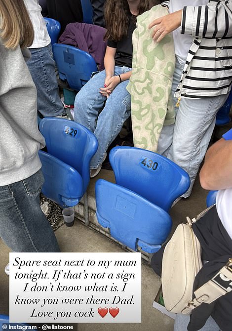 But Toone was adamant that her late father was there watching her - after spotting an empty seat next to her mum