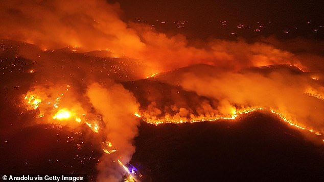 A wide angle view shows smoke and flames rising as firefighting efforts continue after a forest fire, which was largely brought under control in the morning, reignites due to strong winds