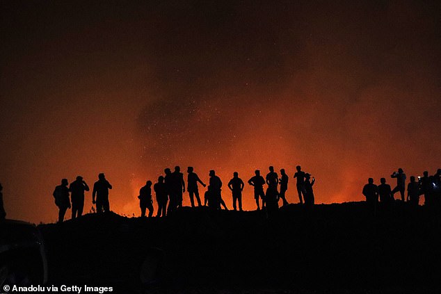 Firefighters try to fight the terrifying orange blaze in the Orhaneli district of Bursa in Turkey in the early hours of Monday
