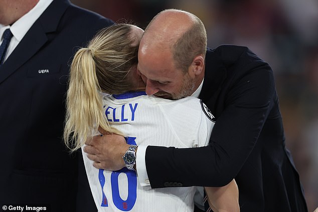 Then the trophy is presented and Prince William is hugging Chloe Kelly like his life depends on it (pictured)