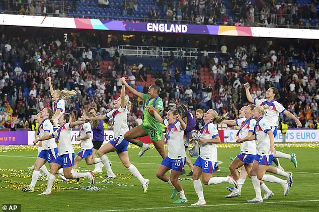And bloody hell. With a hop, skip and a sassy smirk at the terrified goalie, she smashes it into the corner – and we've won. WE'VE WON! Pictured: England players celebrate with the trophy after winning the Euros final