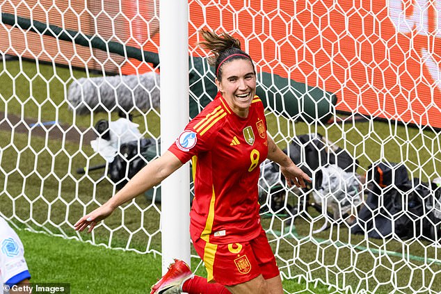 Mariona Caldentey's (pictured celebrating) goal sunk the hearts of the nation when it went in - she spotted an opening and nodded one home for Spain as they took the lead