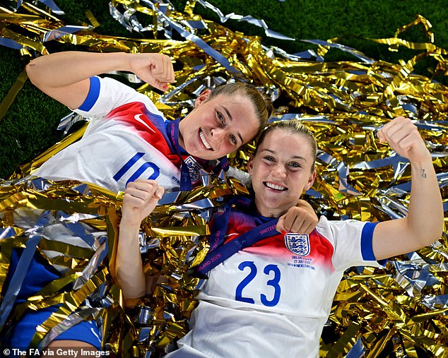 In the 57th minute England were back in it thanks to a brilliant header by Alessia Russo (right, with Ella Toone, celebrating their win)