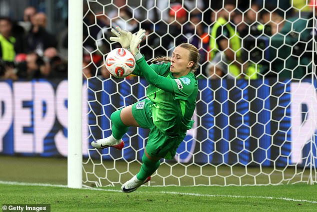 Hannah Hampton of England saves the second penalty from Mariona Caldentey of Spain