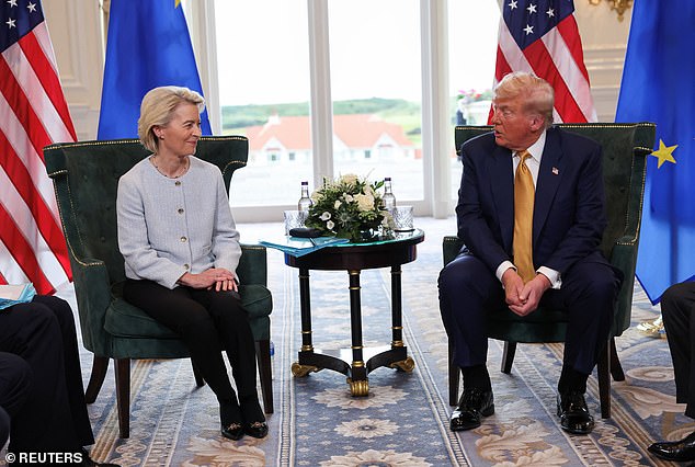 The president has spent the past few days in Scotland meeting with everyone from UK Prime Minister Keir Starmer to European Commission President Ursula von der Leyen (pictured left)