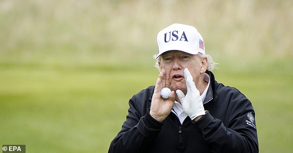 epa12265694 US President Donald J. Trump gestures as he speaks to the media while playing golf at Trump Turnberry golf course during a private visit in Turnberry, Scotland, Britain, 27 July 2025. US President Trump is in Scotland where he will visit his golf courses and meet with UK Prime Minister Keir Starmer.  EPA/TOLGA AKMEN