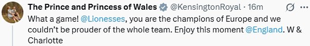 After the final whistle, Charlotte signed off her first official message from the Waleses, congratulating the Lionesses on their win (pictured)