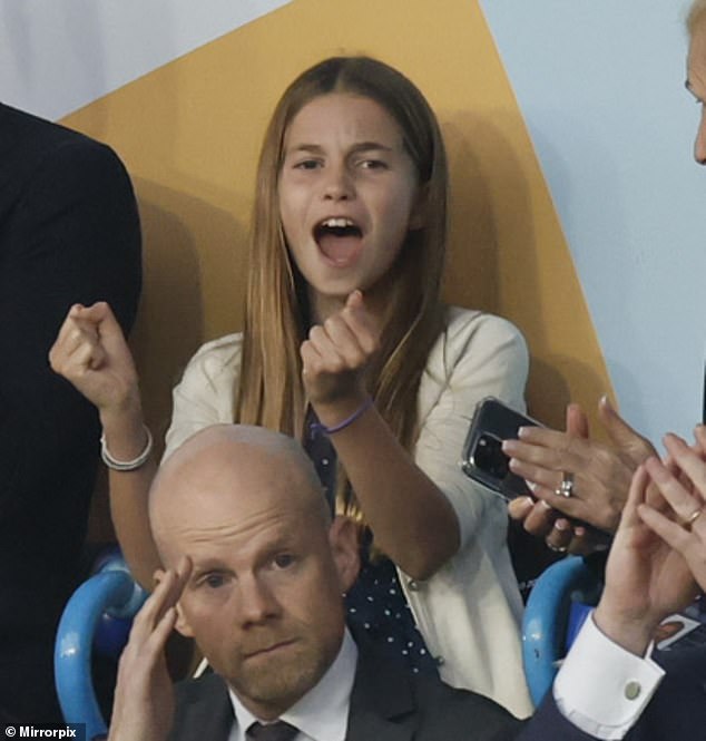 The young royal shouted along (pictured) with the swathes of England fans celebrating the moment up and down the country