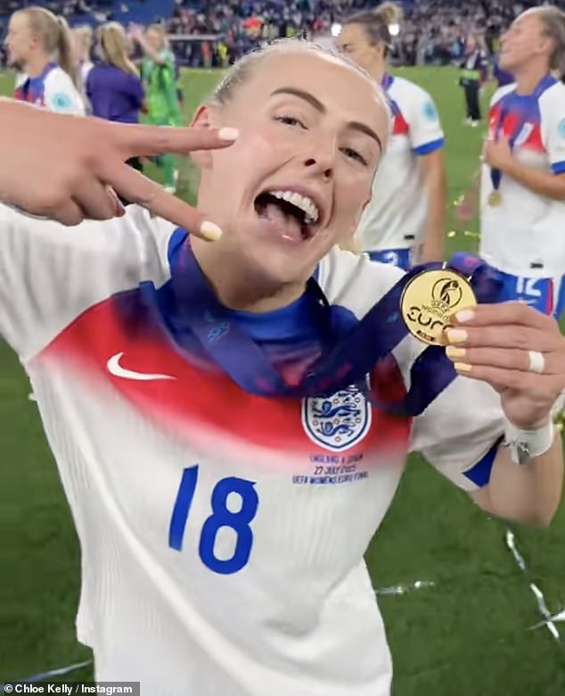 Outside of the game, Chloe (pictured celebration Sunday's win) lives a somewhat glamorous life, enjoying lavish holidays, red carpet opportunities and designer clothes