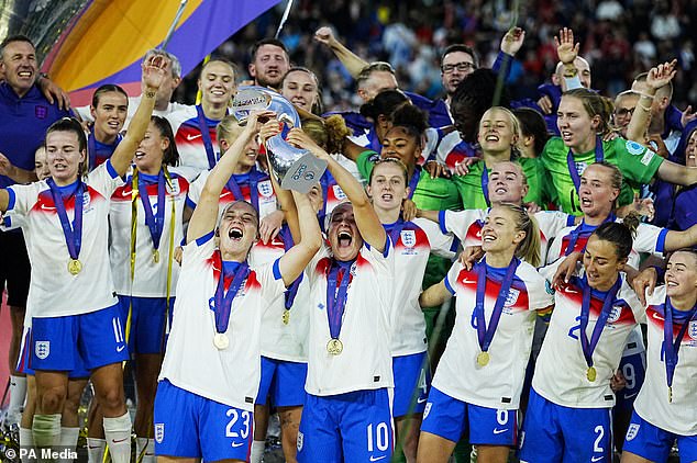 England´s Alessia Russo and Ella Toone celebrate with the trophy after winning the UEFA Women's Euro 2025 final