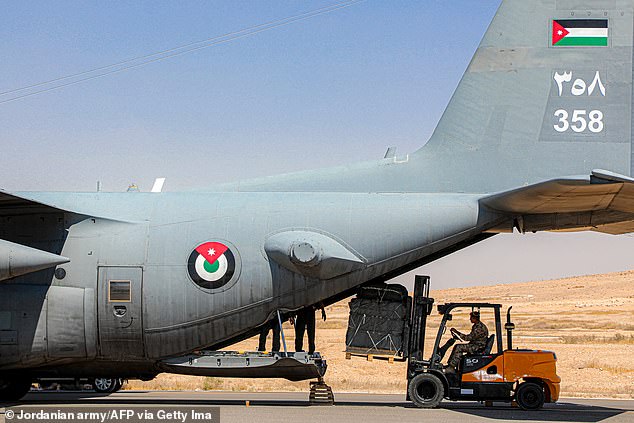 A senior IDF official told Sky News on Friday: 'Starting today, Israel will allow foreign countries to parachute aid into Gaza.' (Pictured: a Jordanian C-130 on Sunday)