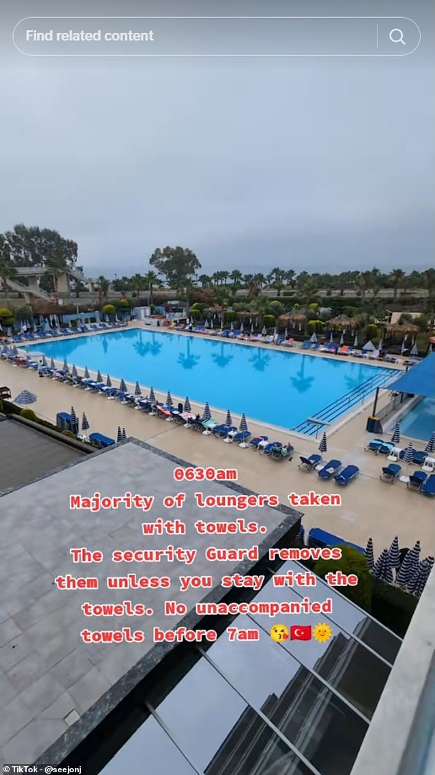 Someone else, @seejonj, posted on TikTok a clip sharing that their hotel in Turkey employed security guards to remove towels from 'unaccompanied' sun loungers before 7am