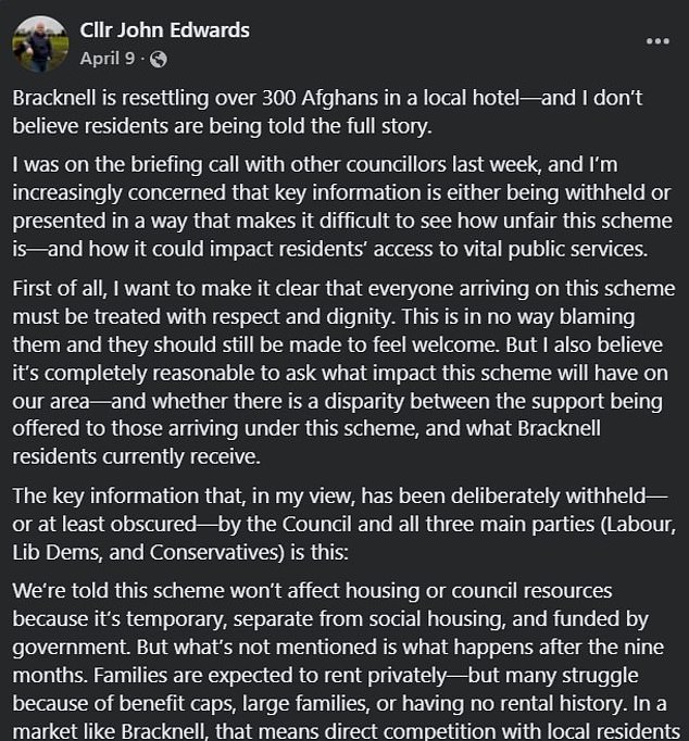Councillor Edwards' original post on Facebook on April 9 calling for respect and dignity but also asking what will happen to the local housing waiting list