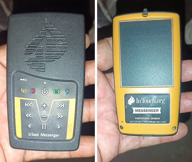 The small yellow and black devices are distributed by In Touch Ministries, with one reciting a line from Philippians
