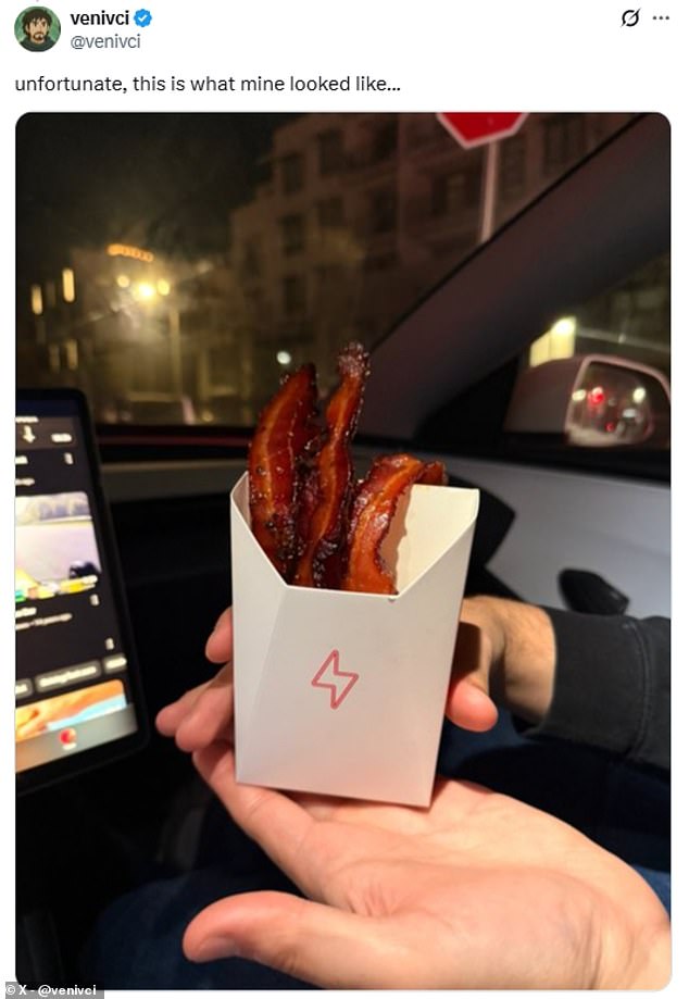One user replied with a photo of the Epic Bacon they were served at the Tesla Diner - and it looks much more like the dish advertised on the menu