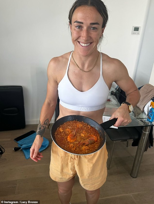 As England defeated Spain 3-1 nail-biting penalties on Sunday, fans couldn't believe the shocking post match interview in which right-back star Lucy Bronze (pictured) revealed that she had been playing the whole tournament with a fractured tibia