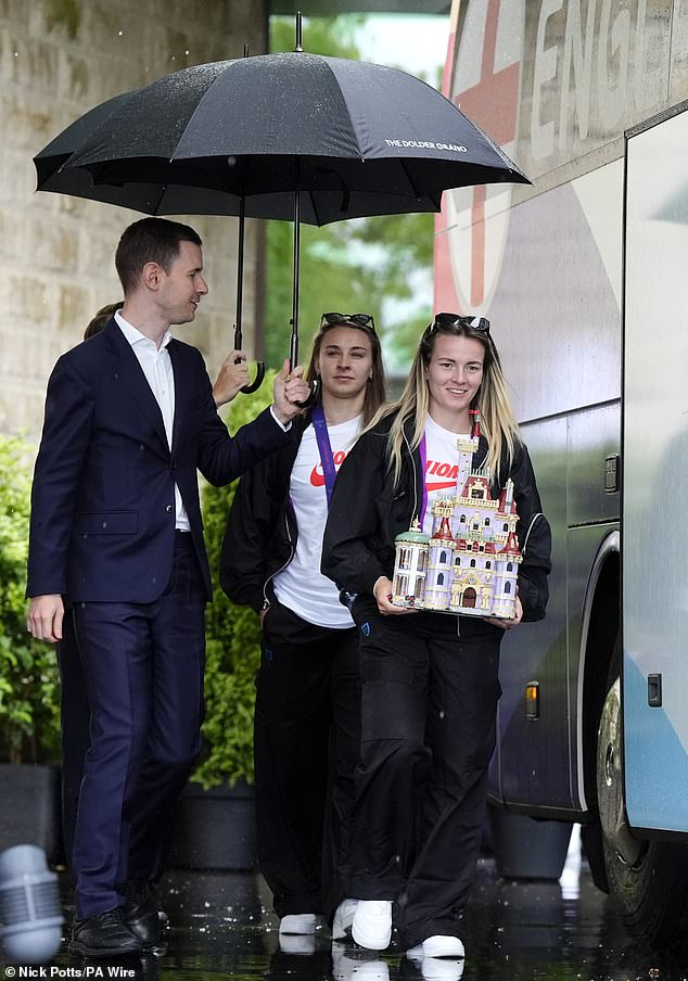 Hemp, 24, was seen leaving the team hotel in Zurich, Switzerland with the giant sculpture