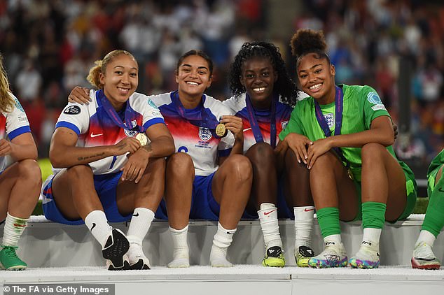 Jess Carter (second left) suffered vile racist abuse - and it had an understandable impact on the likes of Lauren James (furthest left), Michelle Agyemang and Khiara Keating