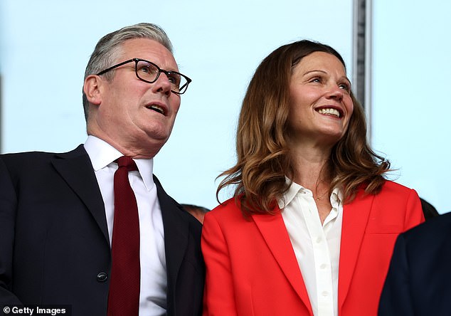She posed alongside the two leaders at Turnberry, having accompanied the PM to Switzerland for the Women's Euro 2025 final last night (pictured).