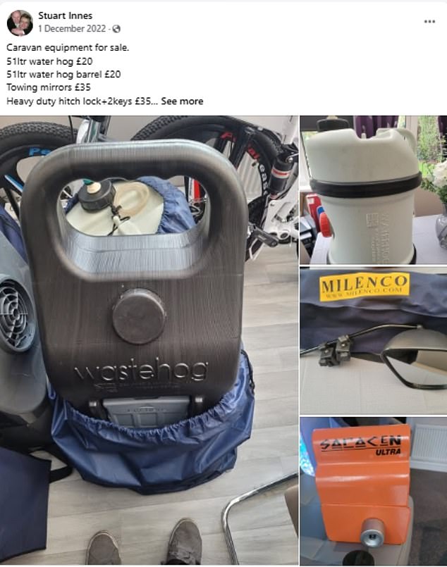 Stuart lists a 'job lot' of caravan equipment he is trying to sell; a five litre water hog for sale for £20 and towing mirrors for £35 to name a few