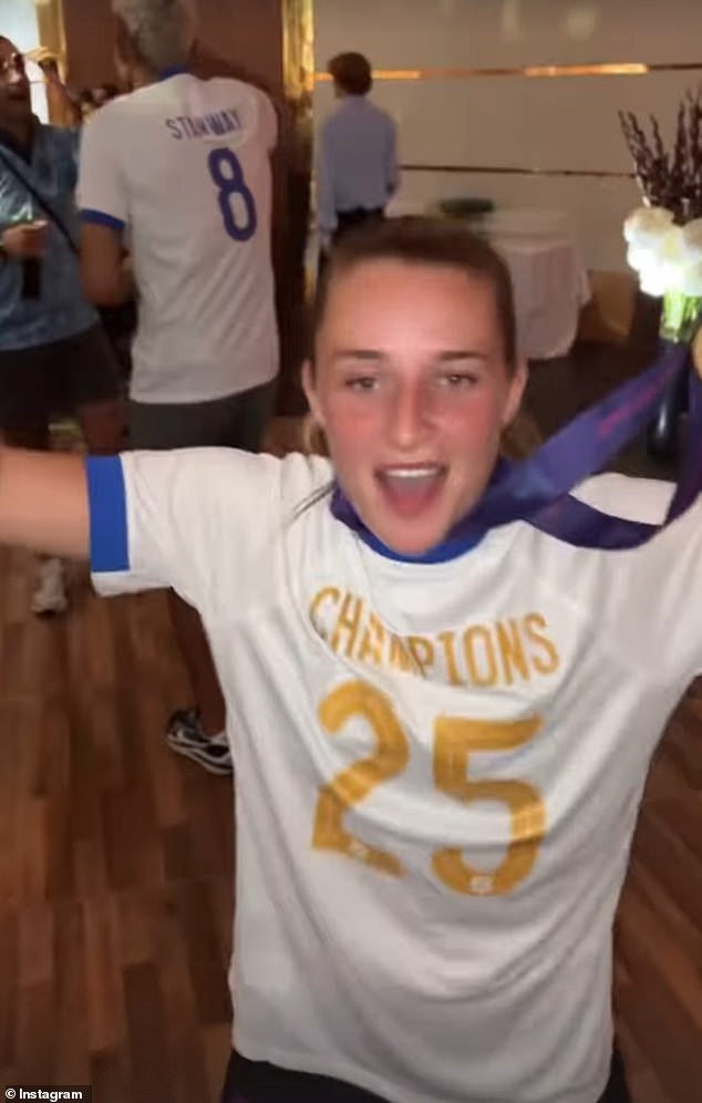 Ella Toone celebrated with her medal as the party continued into the night in Switzerland
