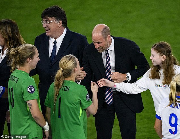 Greta caused a storm on social media after standing next to the prince. Pictured meeting goalkeeper Hannah Hampton
