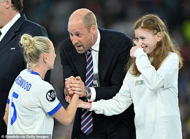 She appeared delighted to meet the players, at one point giving a thumbs up. Pictured meeting England's Alex Greenwood