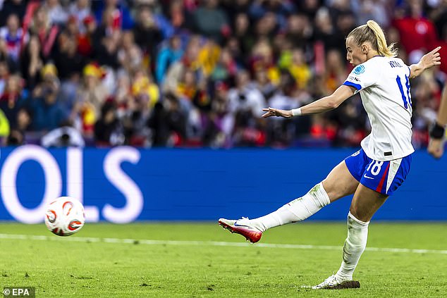 England's Chloe Kelly shoots a penalty to score during the UEFA Women's EURO 2025 final soccer match between England and Spain, in Basel, Switzerland