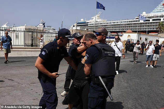 Pro-Palestine protesters clashed with riot police in Rhodes while an Israeli cruise ship docked on the Greek Island