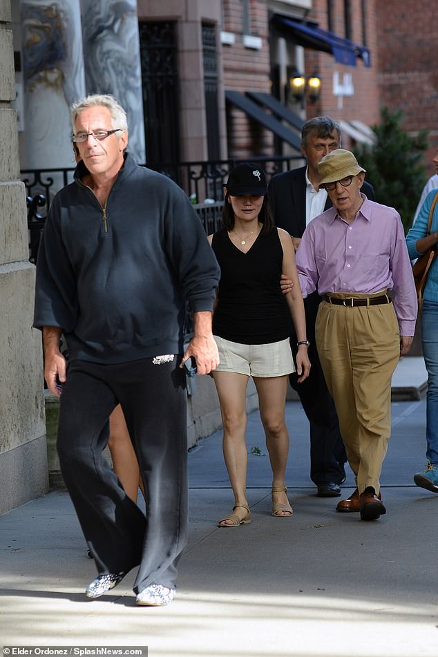 Between 2014-2015, Allen and Previn reportedly used to enjoy monthly dinners with the late Jeffrey Epstein (L, pictured in 2013), whose name is still dominating headlines over the Trump administration's refusal to reveal his client list