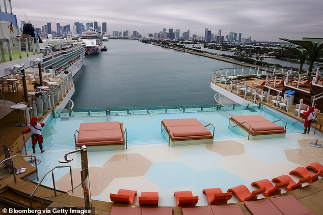 During the brief clip, as the man straightened his legs and tumbled over the barrier, onlookers squealed and screamed in horror (pictured: the infinity pool)
