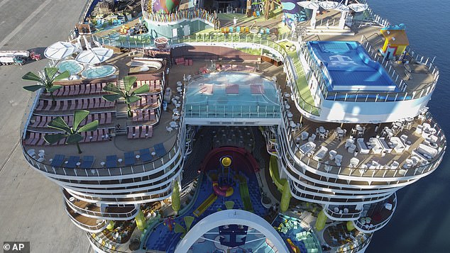 The post claimed he fell to the deck below, but this is unlikely. The infinity pool is on Deck 15 and directly below it is the Splashaway Bay children¿s play area on Deck 7 (pictured: the Icon of the Seas)