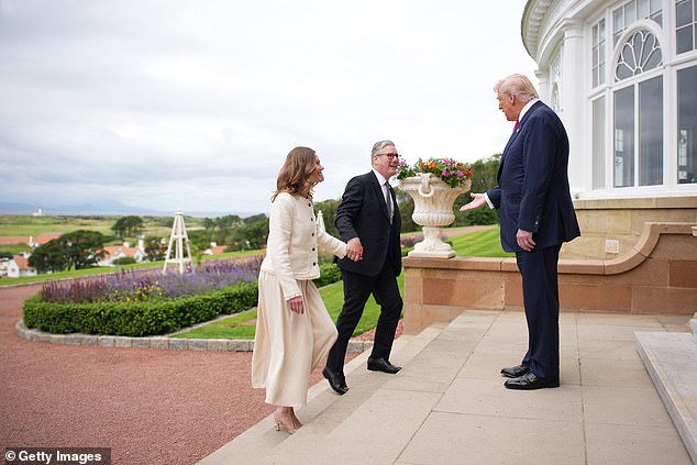 President Donald Trump greets British Prime Minister Keir Starmer and his wife Victoria Starmer at Trump Turnberry golf club