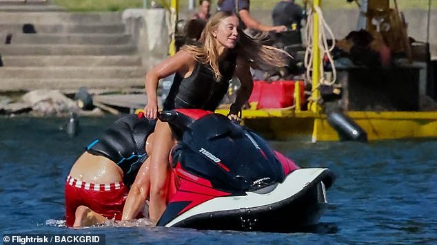 Later, she put on a life jacket as she hit the waters with her rumored beau