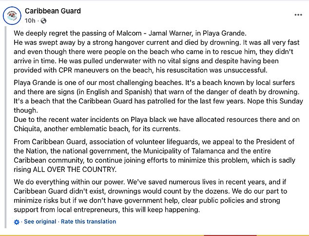 Following Warner's shock death at 54, lifeguards from Playa Grande released a statement saying they were not present due to lack of 'resources'