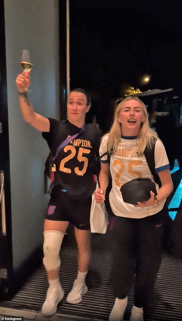 Penalty hero Chloe Kelly and Lucy Bronze, who played the final with a broken leg, head into the team hotel after winning the Euros and the party began