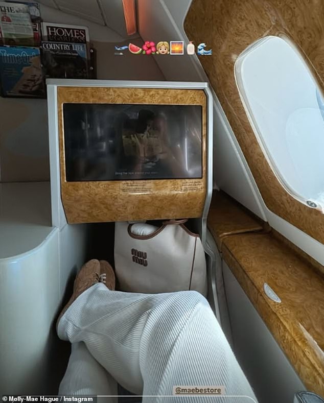 Taking to Instagram the Love Island star shared a pictured of herself relaxing in first class as she jetted off to Dubai in May